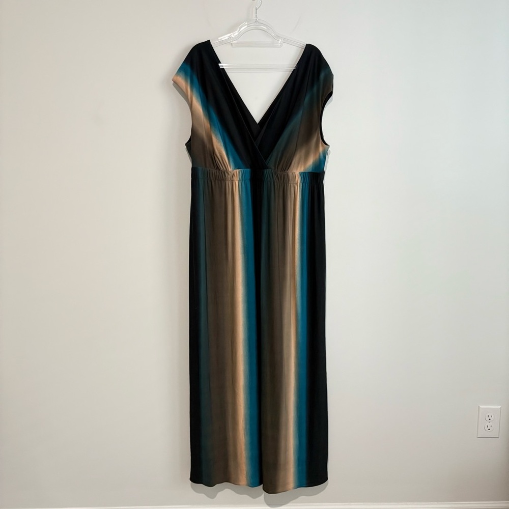 Adrianna Papell Sleeveless double V-Neck Striped Maxi Dress Teal Brown black 22W